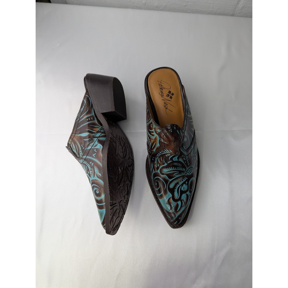 Patricia Nash Battista Mules Shoes US 6.5 Floral Turquoise Brown Leather Cowgirl - Picture 4 of 9